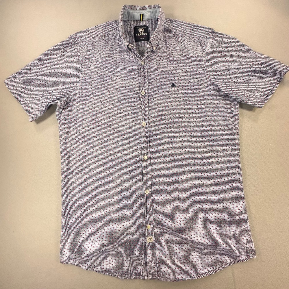 Lerros Mens Medium Short‎ Sleeve Button Down Shirt Blue Red Micro Print Cotton